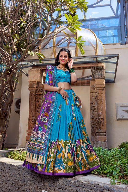 Floral Print Tusser Silk Foil Work Festive Lehenga Choli Set with Gotta Patti Dupatta