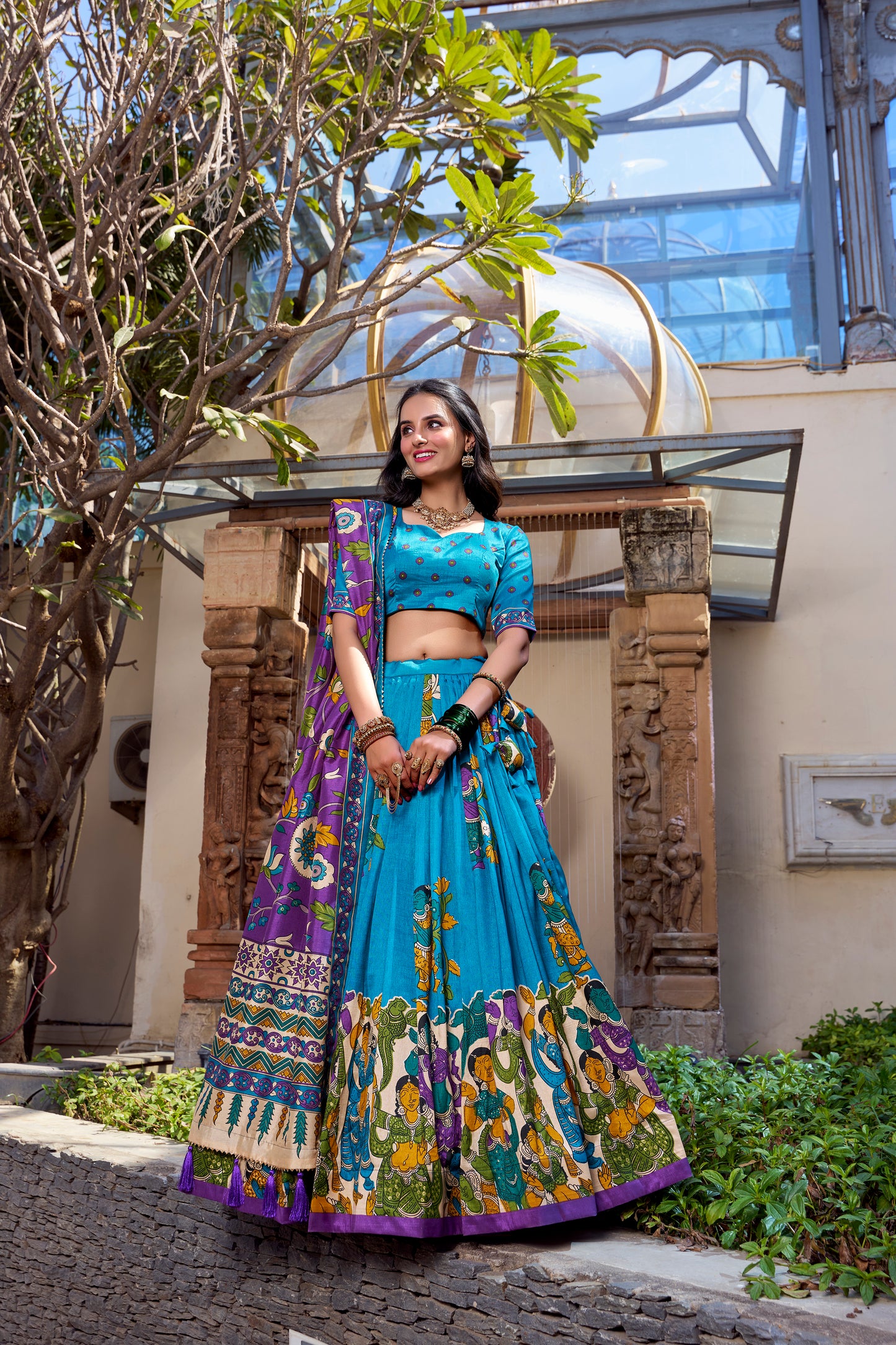 Floral Print Tusser Silk Foil Work Festive Lehenga Choli Set with Gotta Patti Dupatta