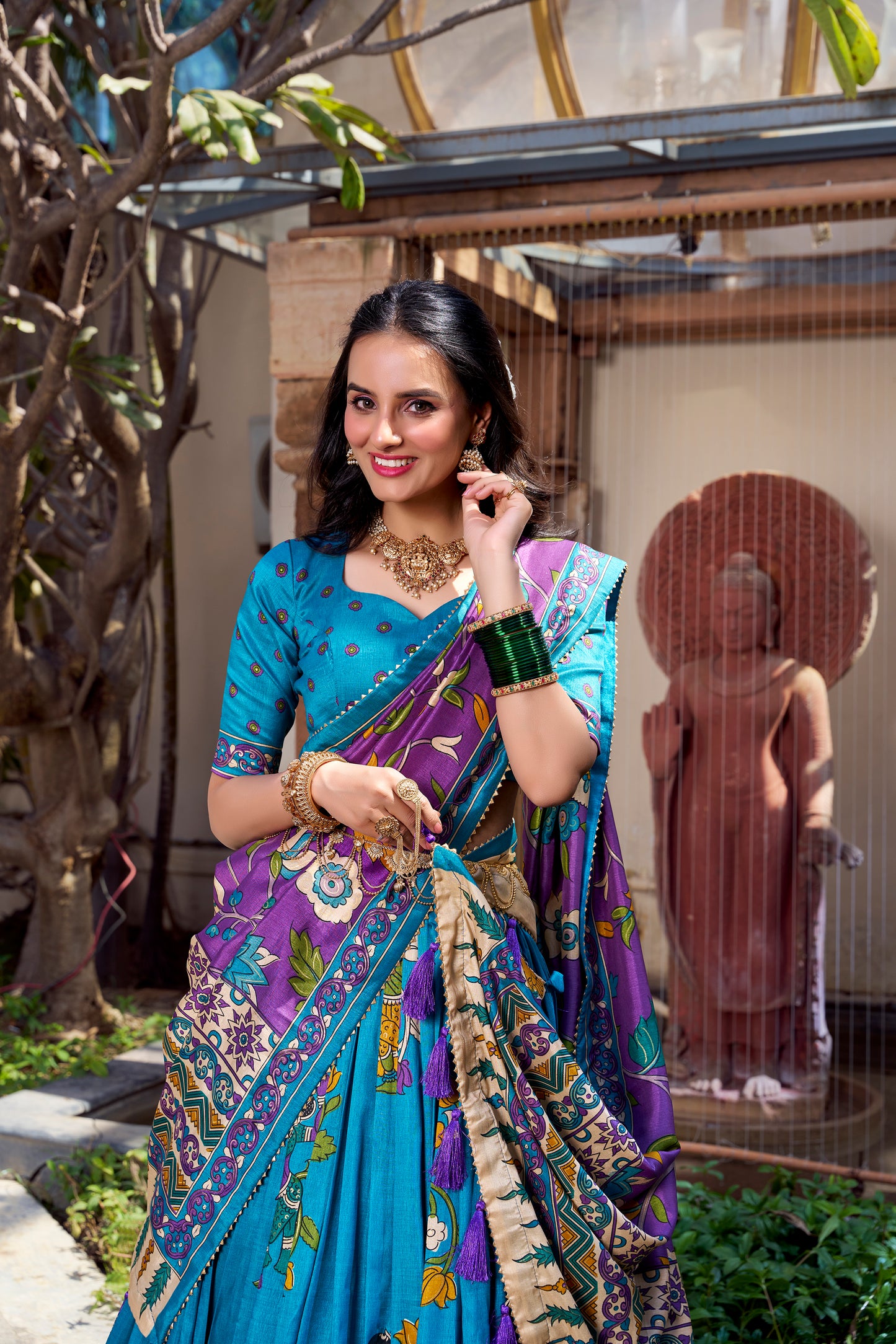 Floral Print Tusser Silk Foil Work Festive Lehenga Choli Set with Gotta Patti Dupatta