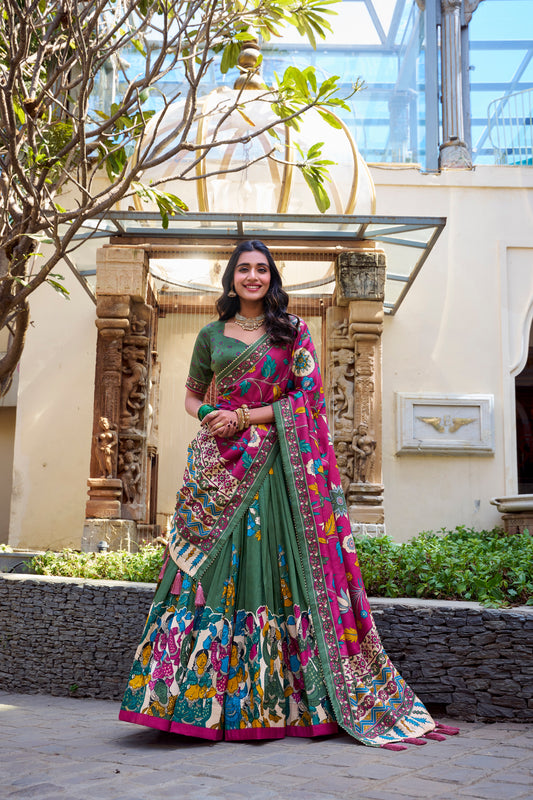 Floral Print Tusser Silk Foil Work Festive Lehenga Choli Set with Gotta Patti Dupatta