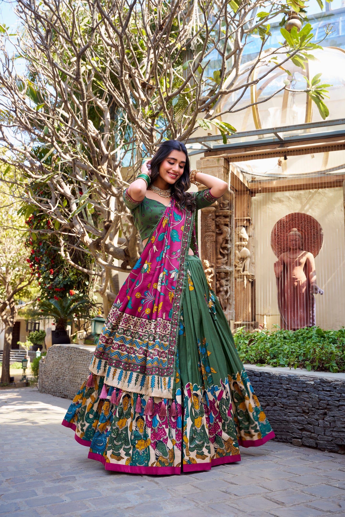 Floral Print Tusser Silk Foil Work Festive Lehenga Choli Set with Gotta Patti Dupatta