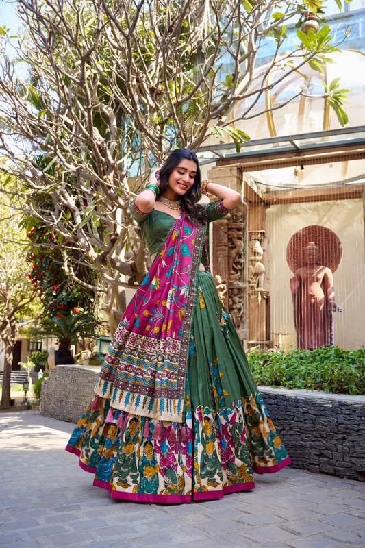 Floral Print Tusser Silk Foil Work Festive Lehenga Choli Set with Gotta Patti Dupatta