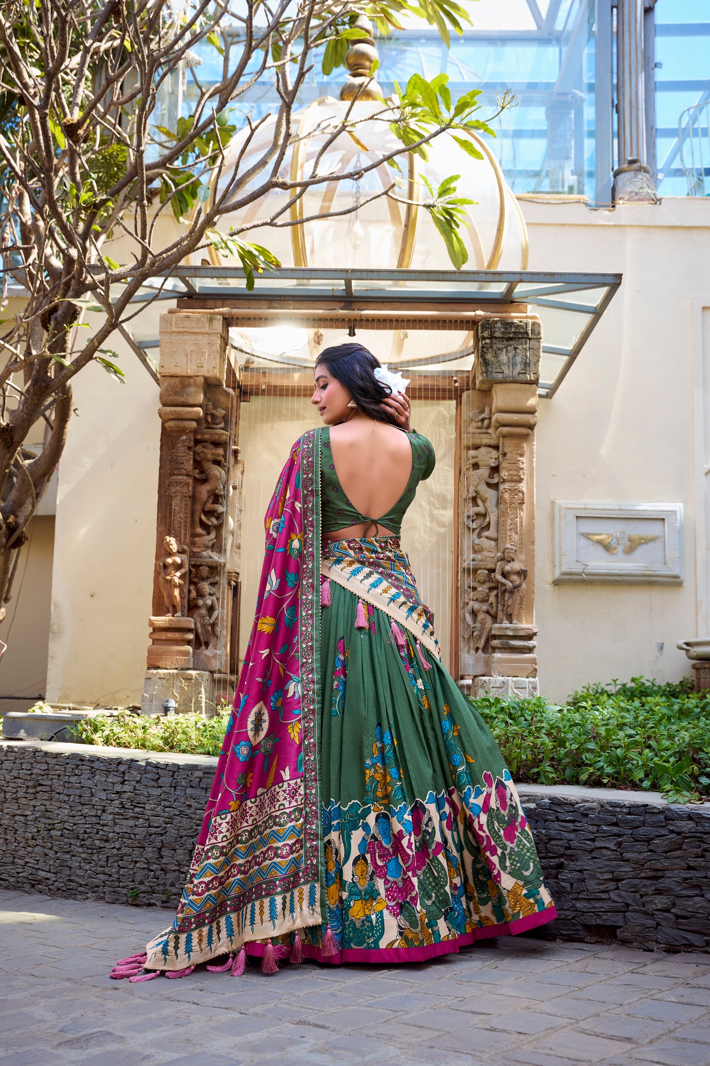 Floral Print Tusser Silk Foil Work Festive Lehenga Choli Set with Gotta Patti Dupatta