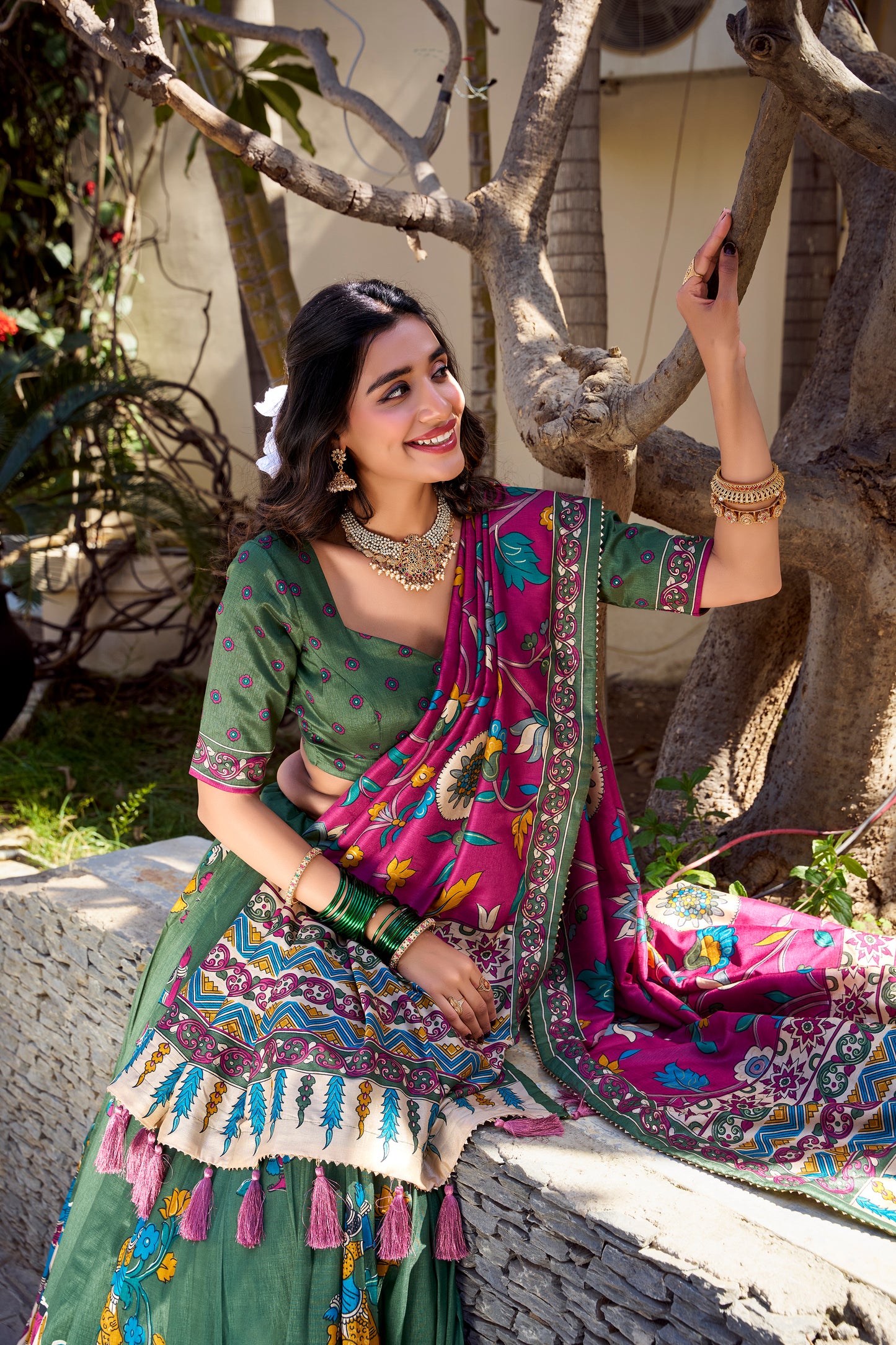 Floral Print Tusser Silk Foil Work Festive Lehenga Choli Set with Gotta Patti Dupatta
