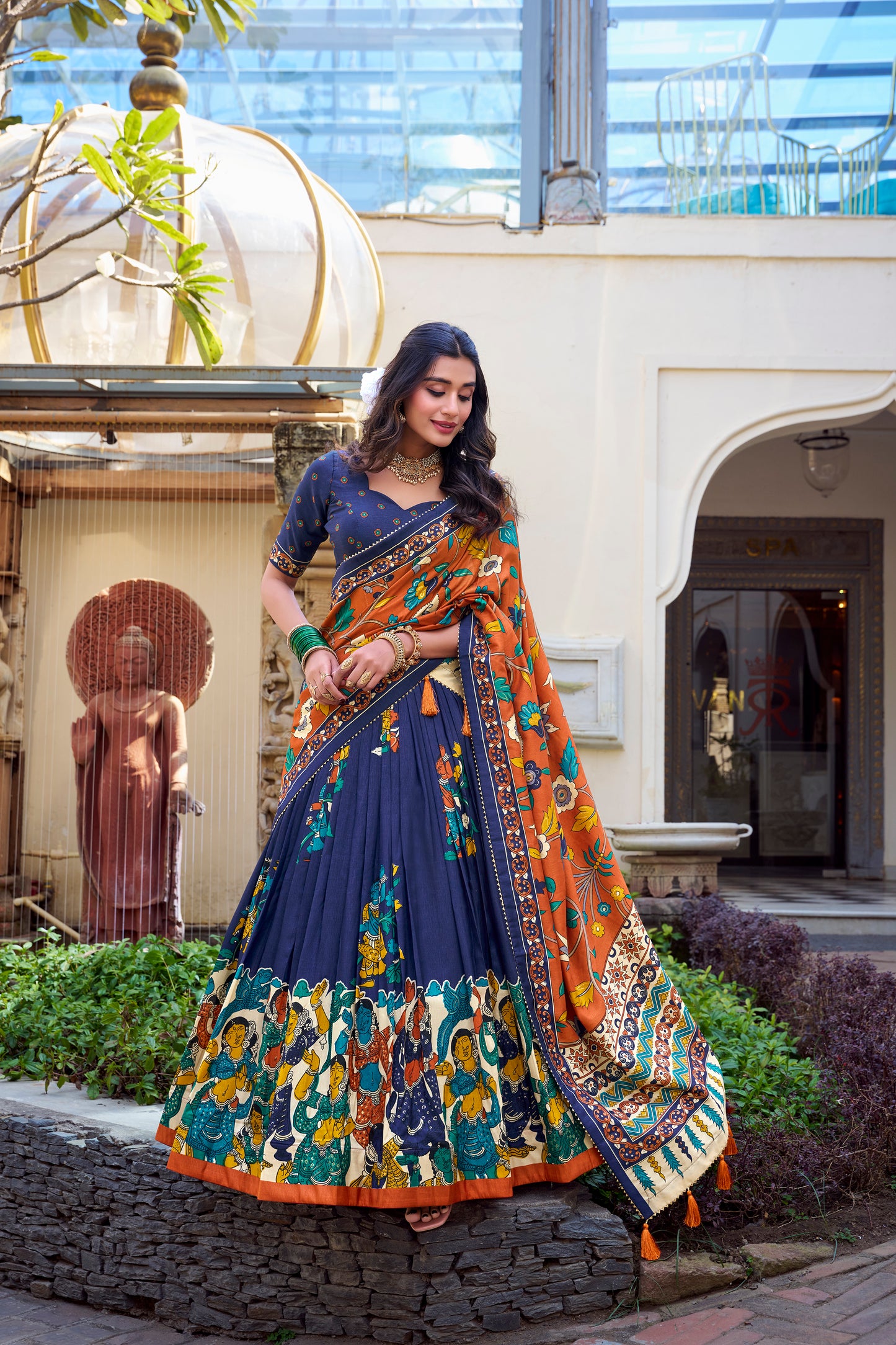 Floral Print Tusser Silk Foil Work Festive Lehenga Choli Set with Gotta Patti Dupatta