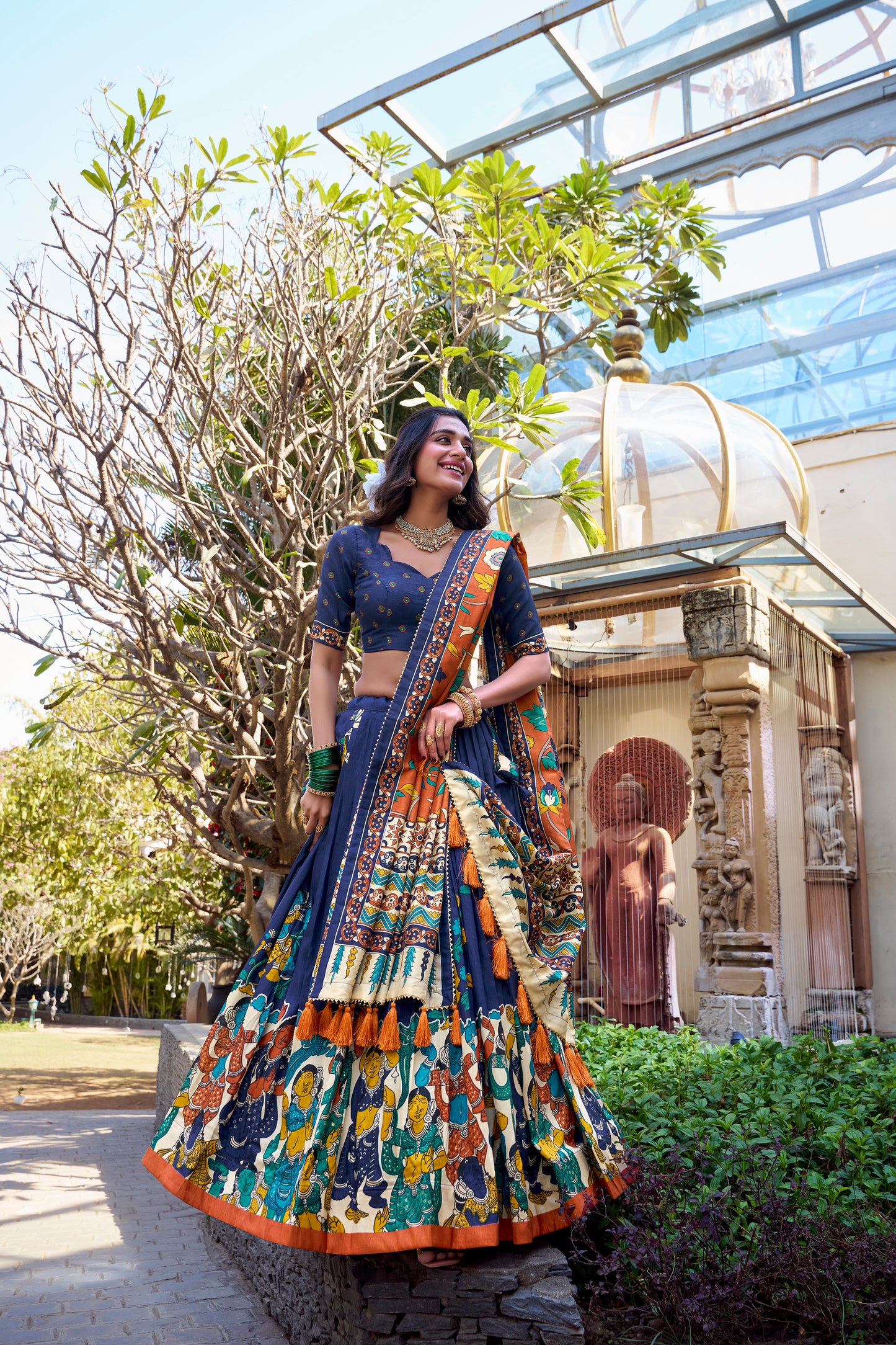 Floral Print Tusser Silk Foil Work Festive Lehenga Choli Set with Gotta Patti Dupatta