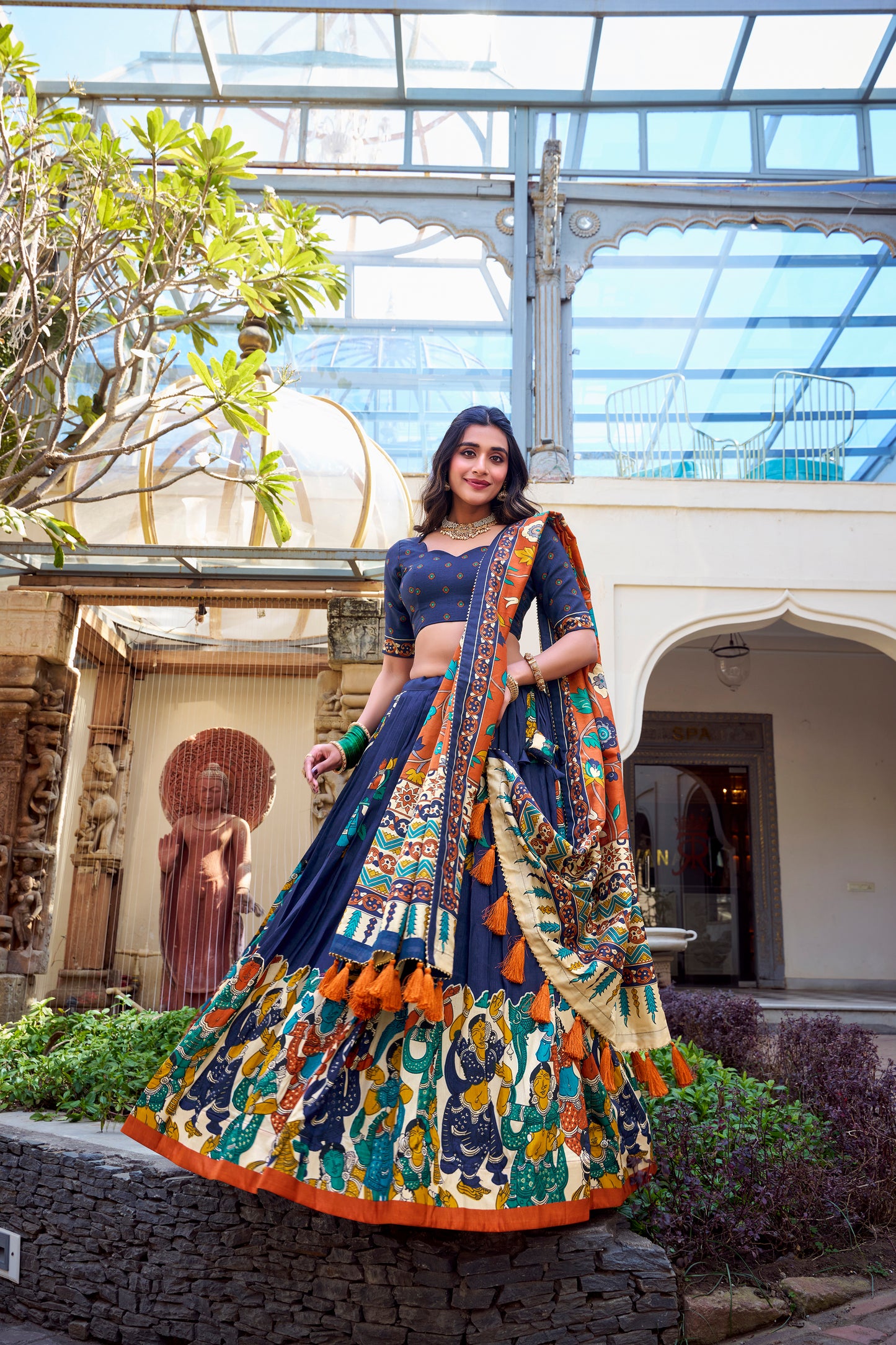 Floral Print Tusser Silk Foil Work Festive Lehenga Choli Set with Gotta Patti Dupatta
