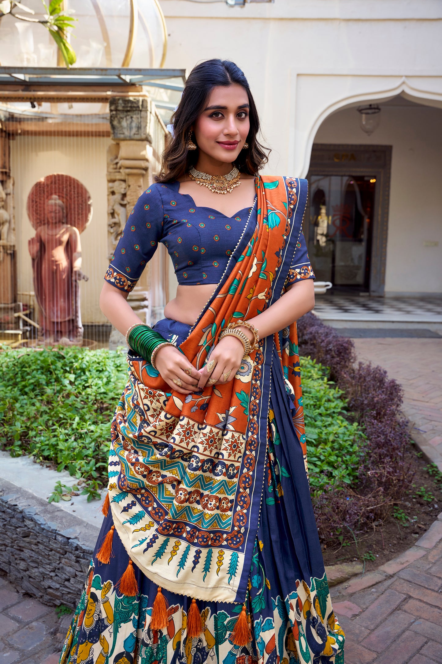 Floral Print Tusser Silk Foil Work Festive Lehenga Choli Set with Gotta Patti Dupatta