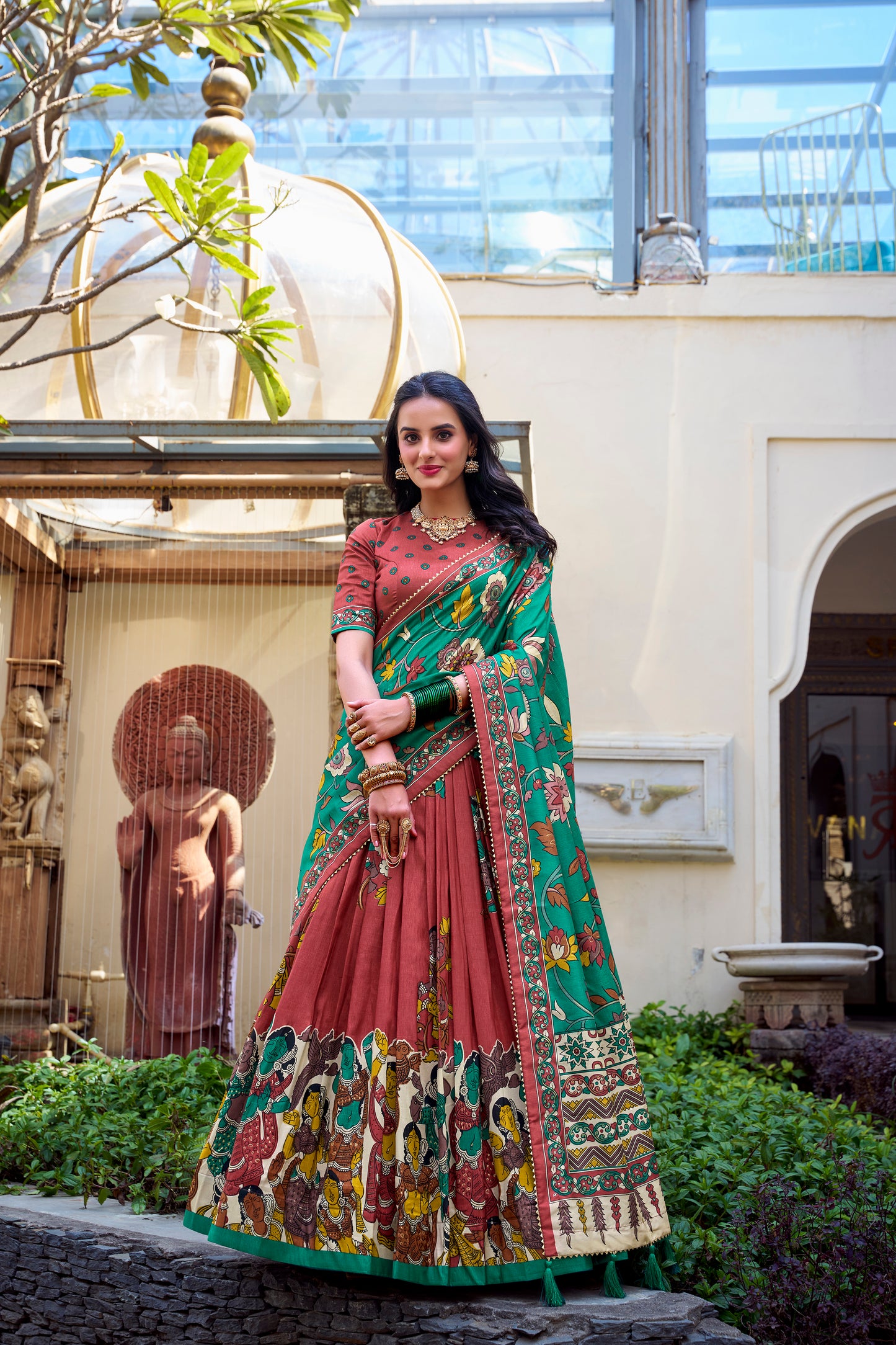 Floral Print Tusser Silk Foil Work Festive Lehenga Choli Set with Gotta Patti Dupatta