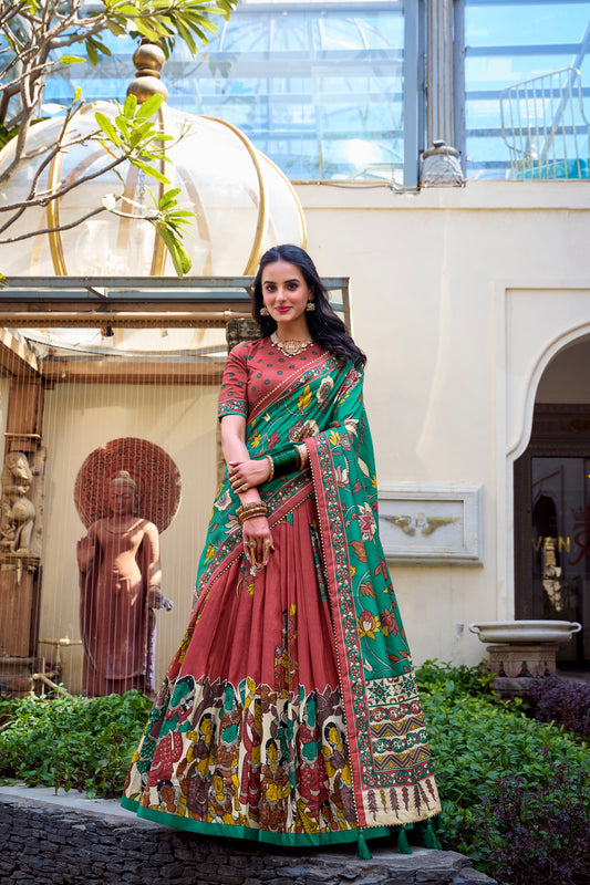 Floral Print Tusser Silk Foil Work Festive Lehenga Choli Set with Gotta Patti Dupatta