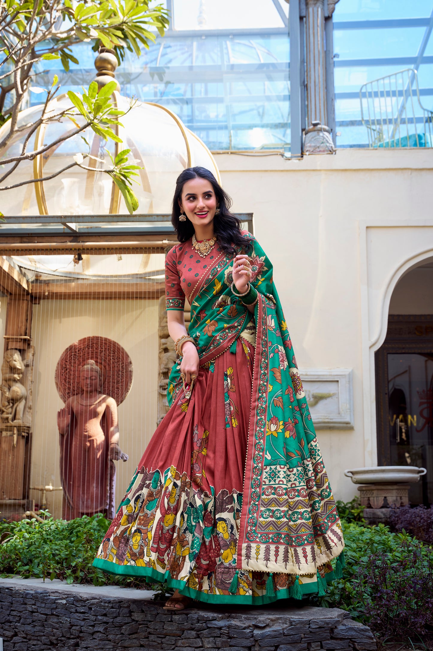 Floral Print Tusser Silk Foil Work Festive Lehenga Choli Set with Gotta Patti Dupatta