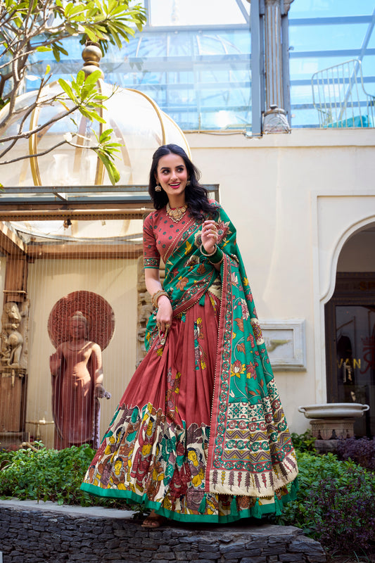 Floral Print Tusser Silk Foil Work Festive Lehenga Choli Set with Gotta Patti Dupatta