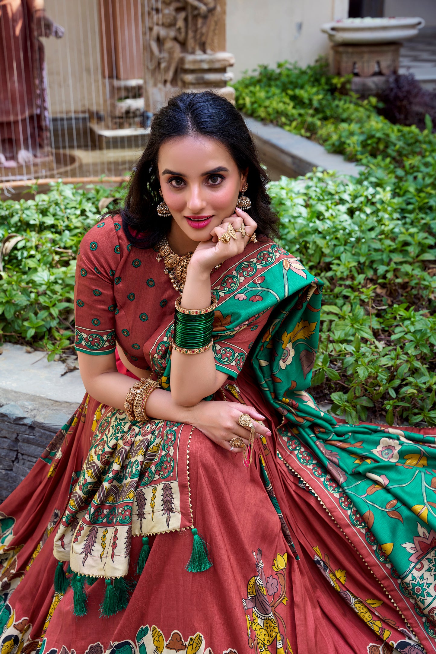 Floral Print Tusser Silk Foil Work Festive Lehenga Choli Set with Gotta Patti Dupatta