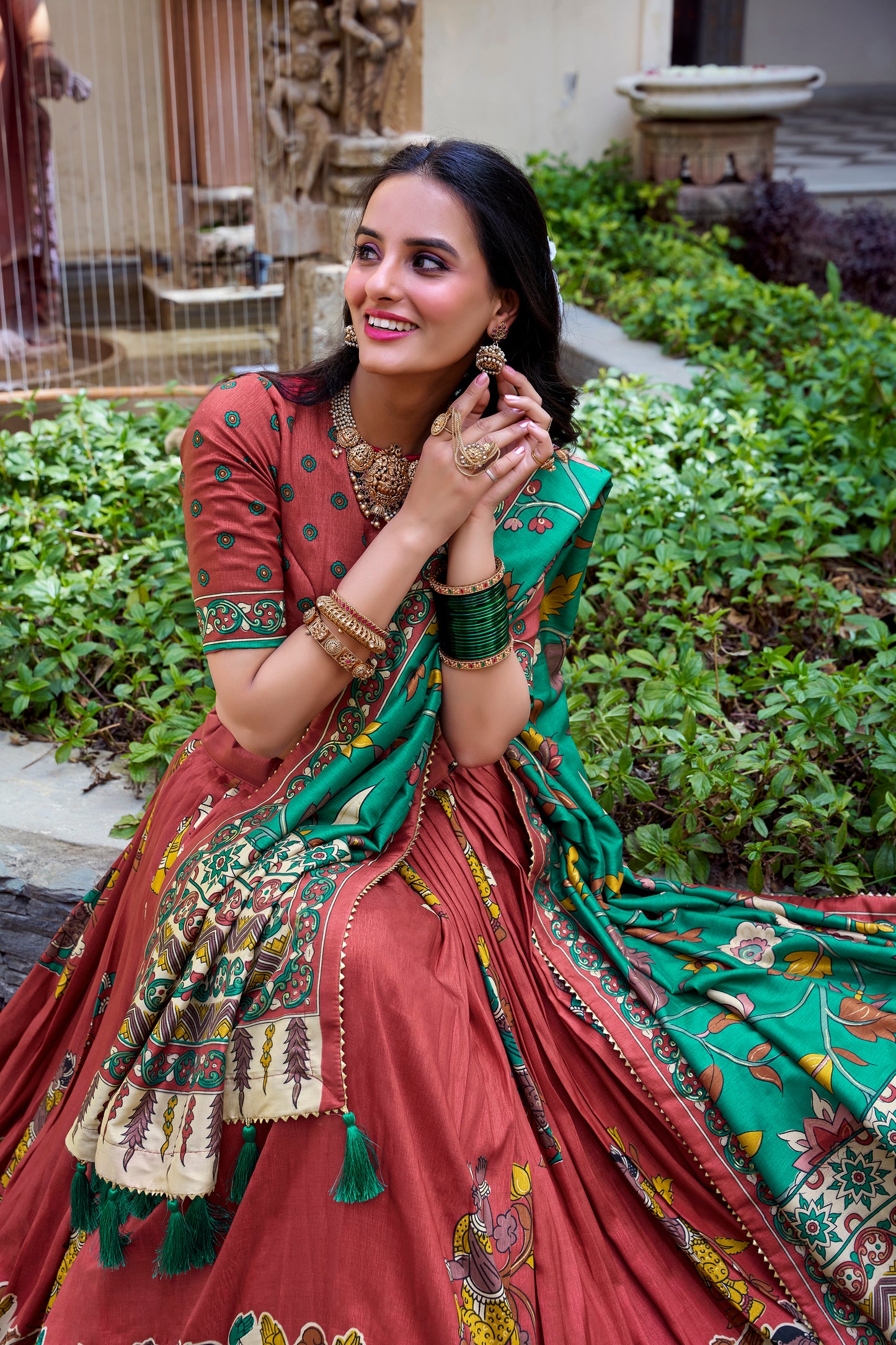 Floral Print Tusser Silk Foil Work Festive Lehenga Choli Set with Gotta Patti Dupatta