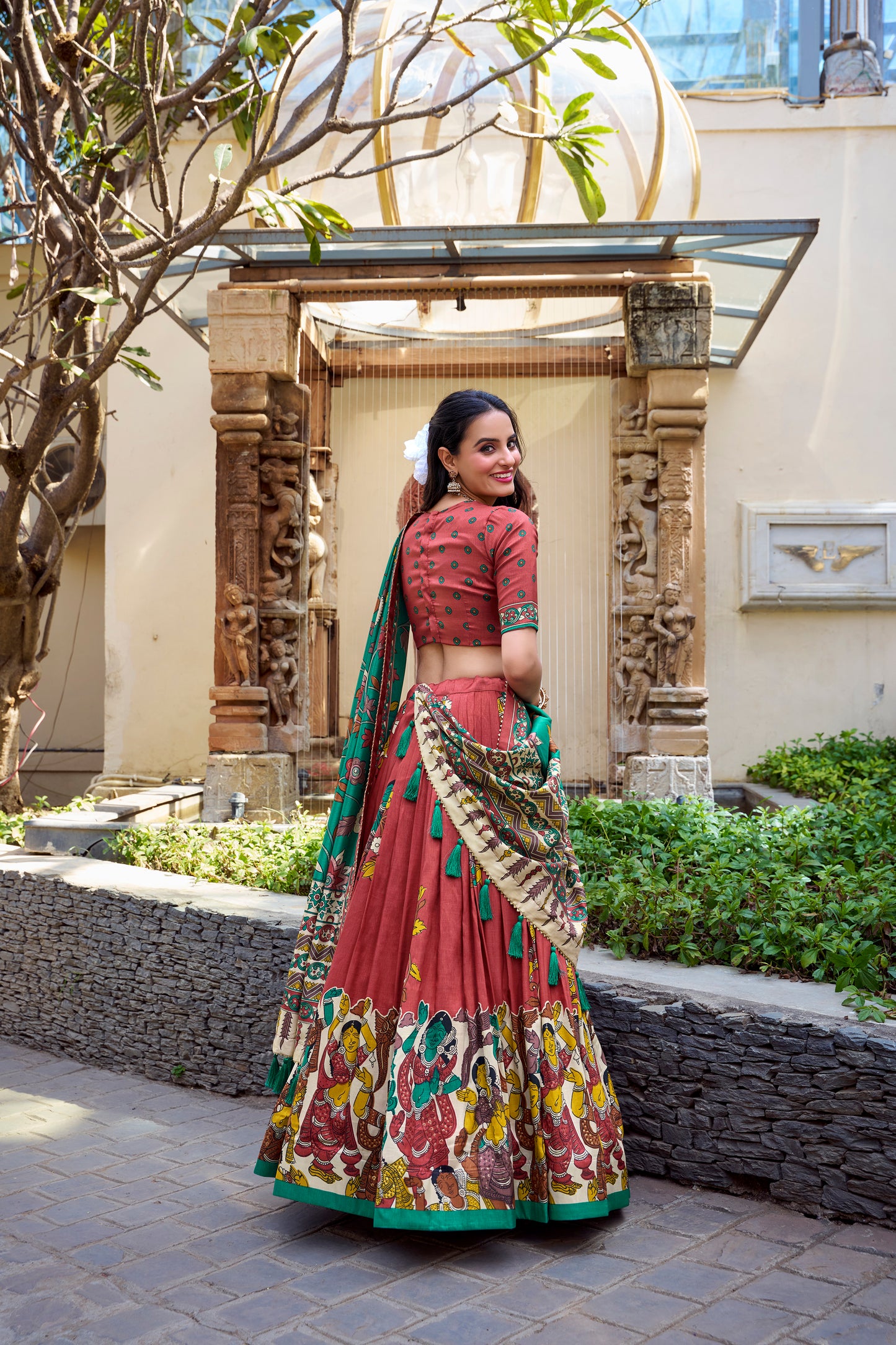 Floral Print Tusser Silk Foil Work Festive Lehenga Choli Set with Gotta Patti Dupatta