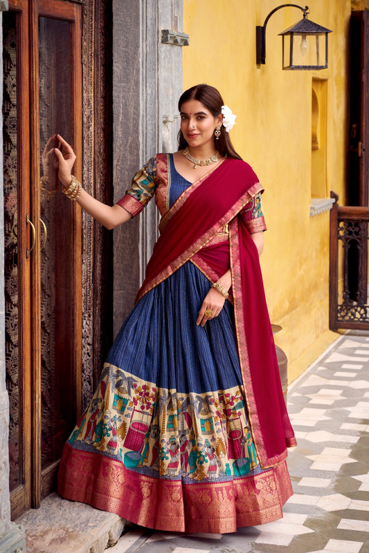 Tusser Silk Foil Work Floral Print Lehenga Choli With Georgette Dupatta