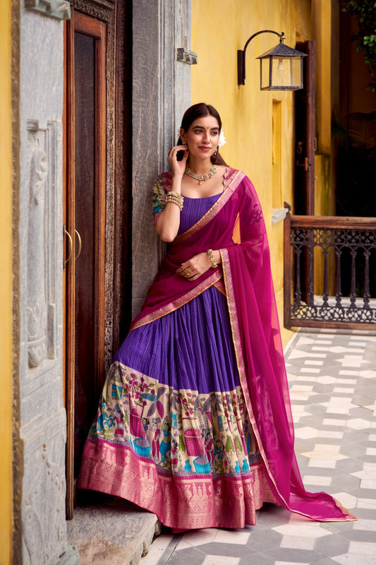 Tusser Silk Foil Work Floral Print Lehenga Choli With Georgette Dupatta