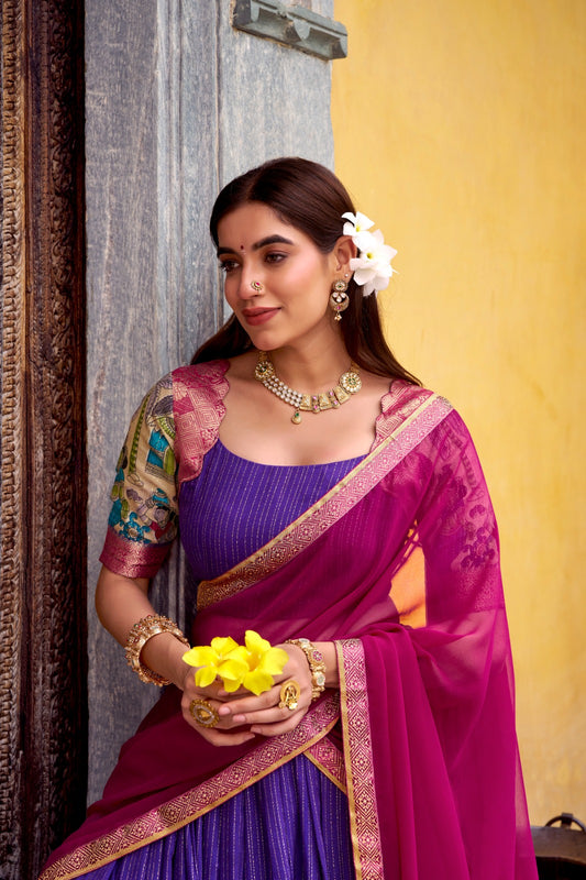 Tusser Silk Foil Work Floral Print Lehenga Choli With Georgette Dupatta