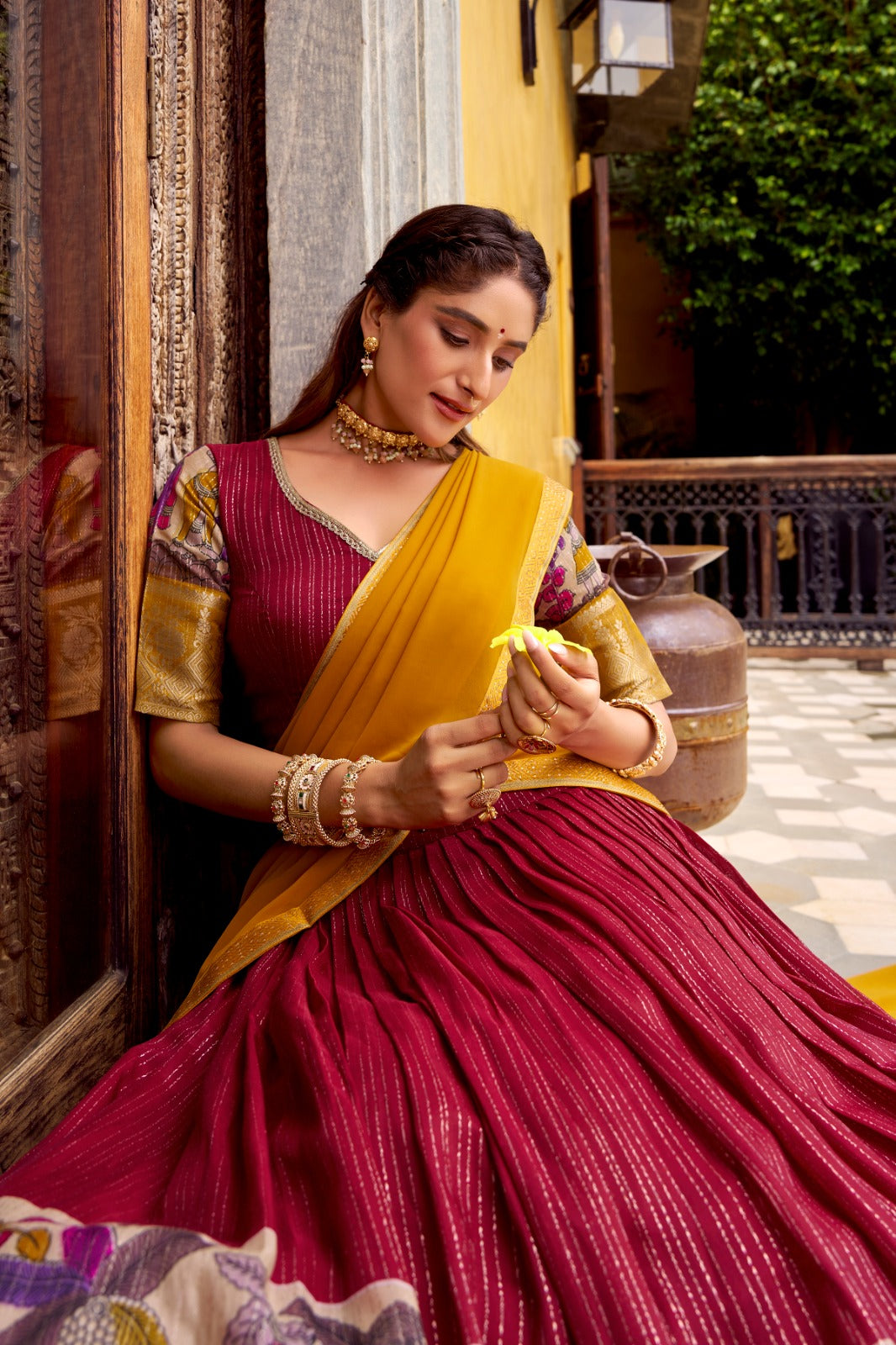 Tusser Silk Foil Work Floral Print Lehenga Choli With Georgette Dupatta