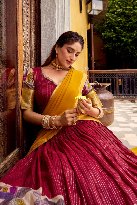Tusser Silk Foil Work Floral Print Lehenga Choli With Georgette Dupatta