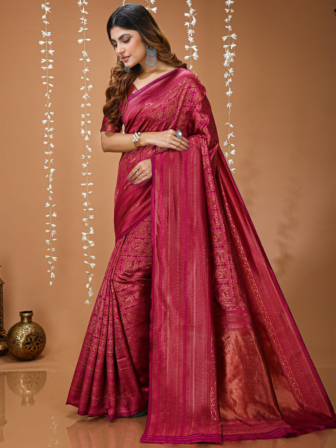 Pink Lichi Silk Jacquard Saree with Elegant Border