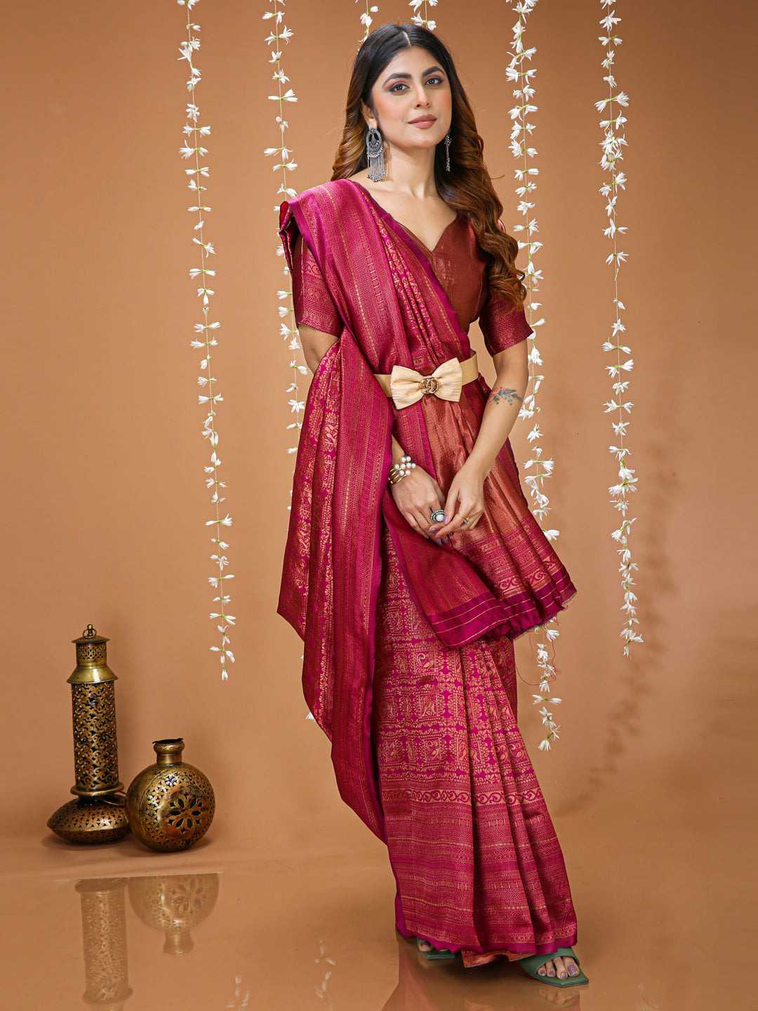 Pink Lichi Silk Jacquard Saree with Elegant Border
