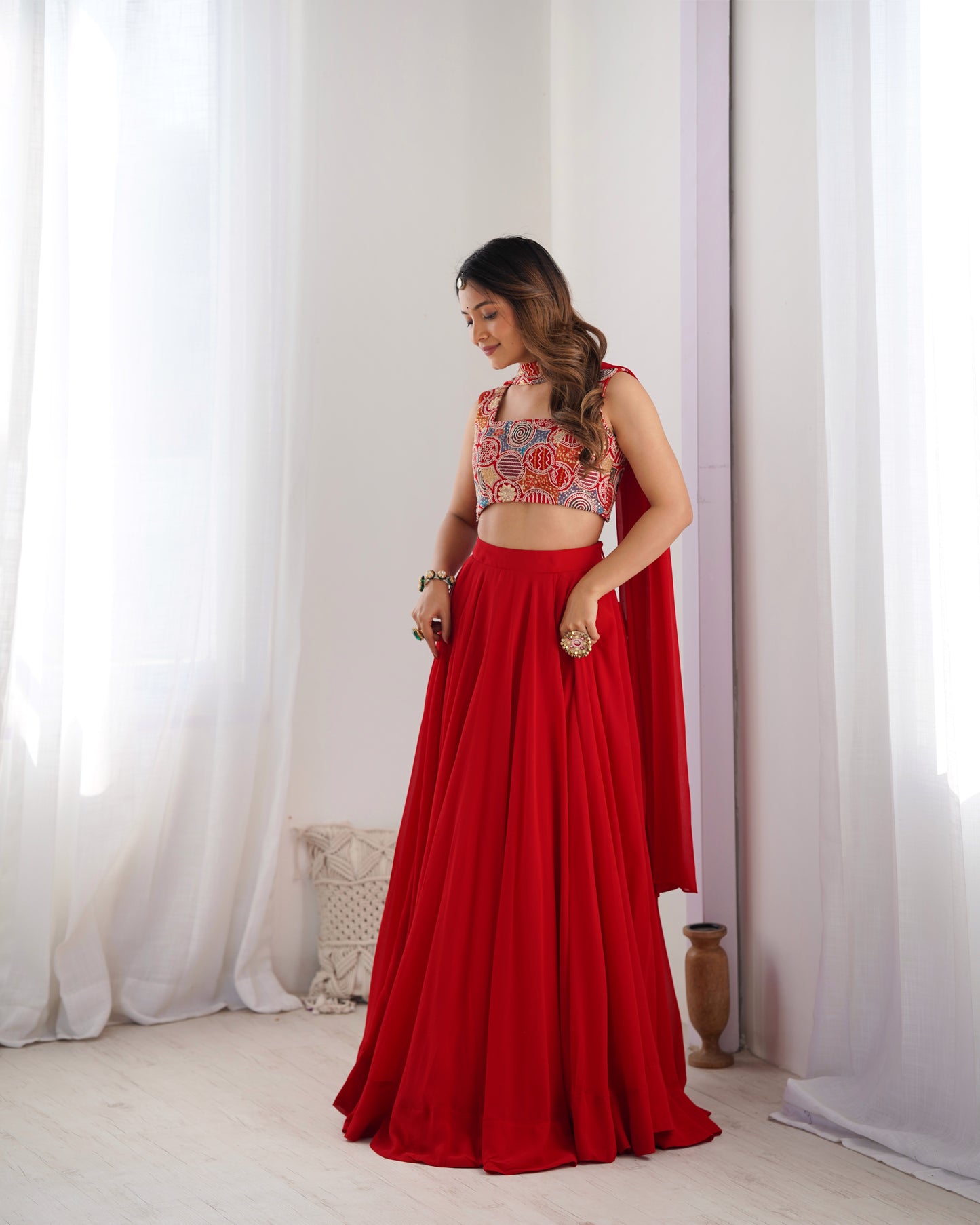 Solid Georgette Lehenga Choli with Embroidered Blouse