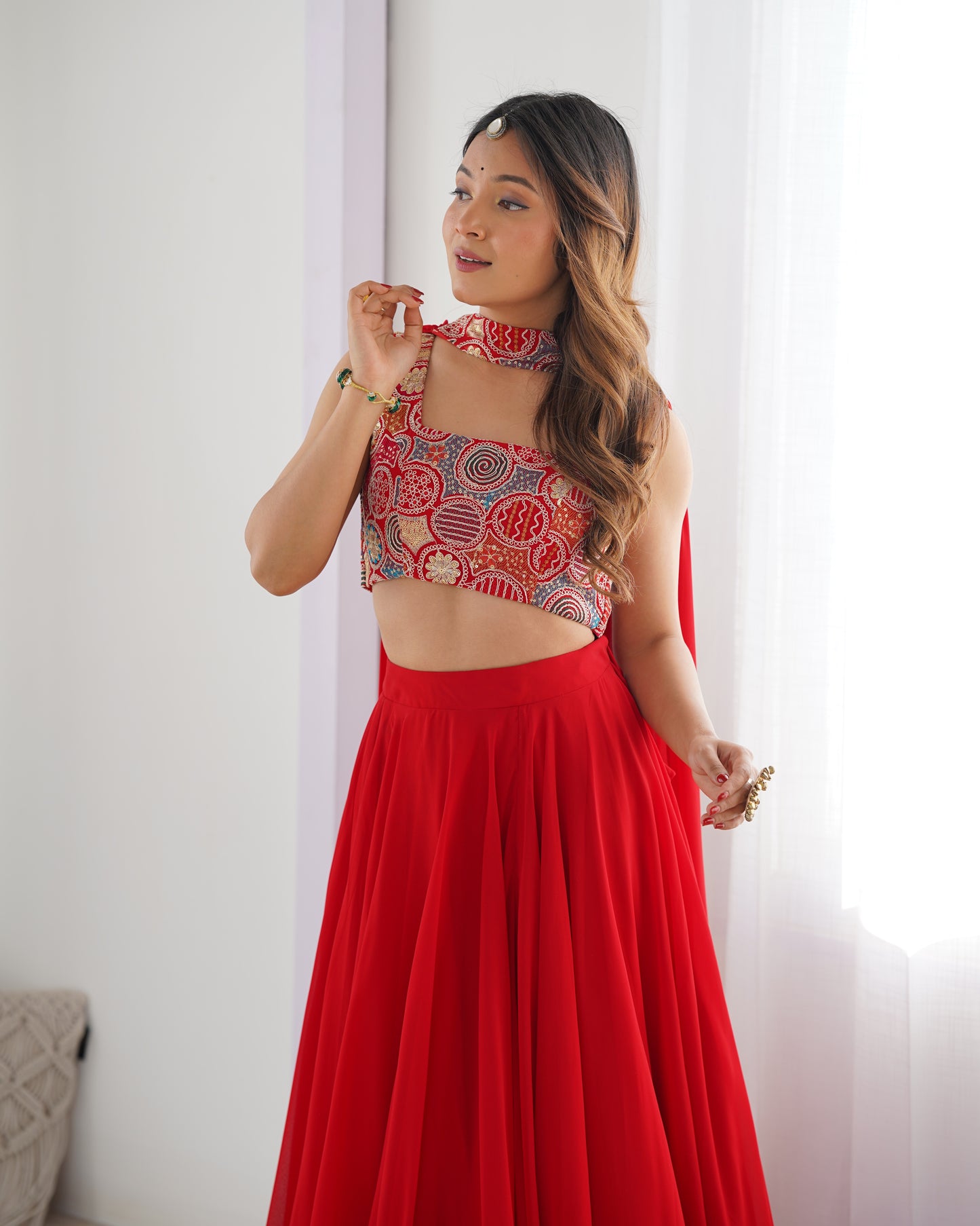 Solid Georgette Lehenga Choli with Embroidered Blouse