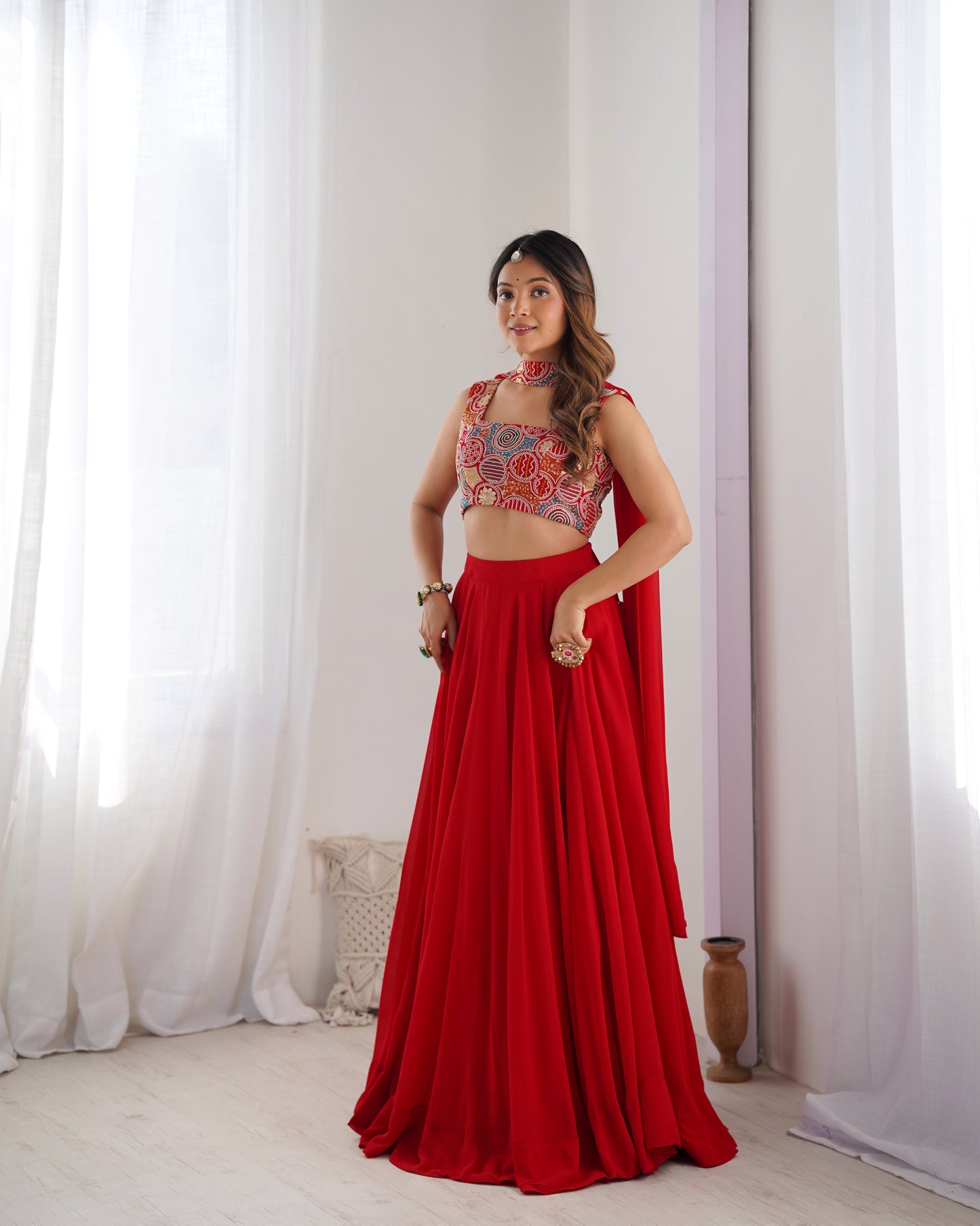Solid Georgette Lehenga Choli with Embroidered Blouse