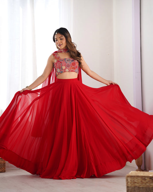 Solid Georgette Lehenga Choli with Embroidered Blouse