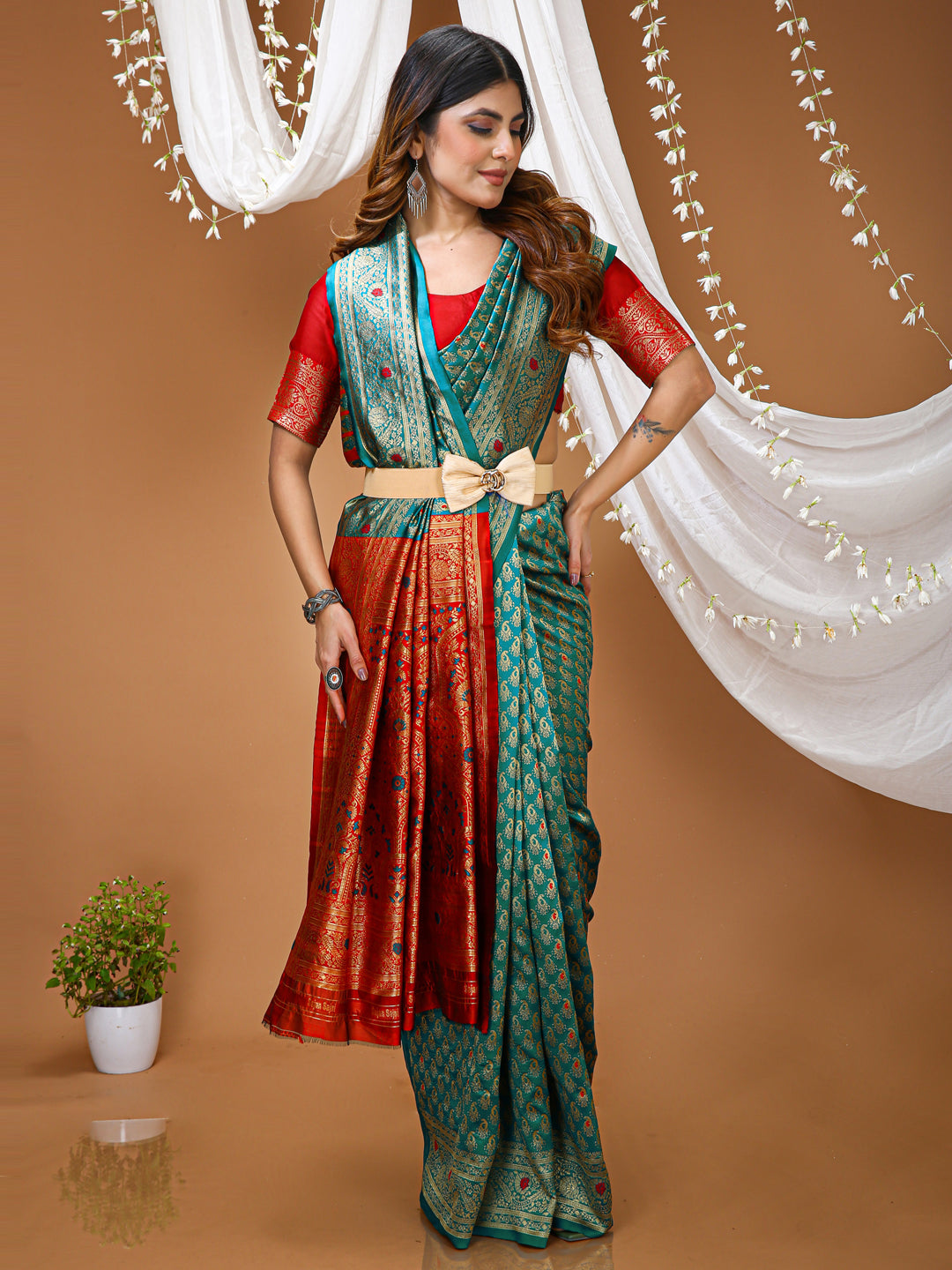 Teal Blue Lichi Silk Jacquard Saree with Beautiful Rich Pallu