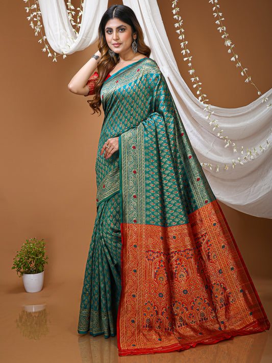 Teal Blue Lichi Silk Jacquard Saree with Beautiful Rich Pallu