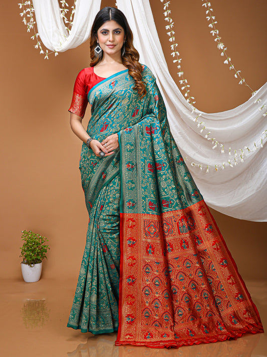 Rama Green Kanchipuram Style Lichi Silk Saree With Jacquard Work