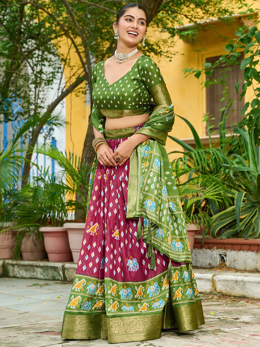 Wine Lichi Silk Jacquard Lehenga Choli with Zari Lining & Traditional Print