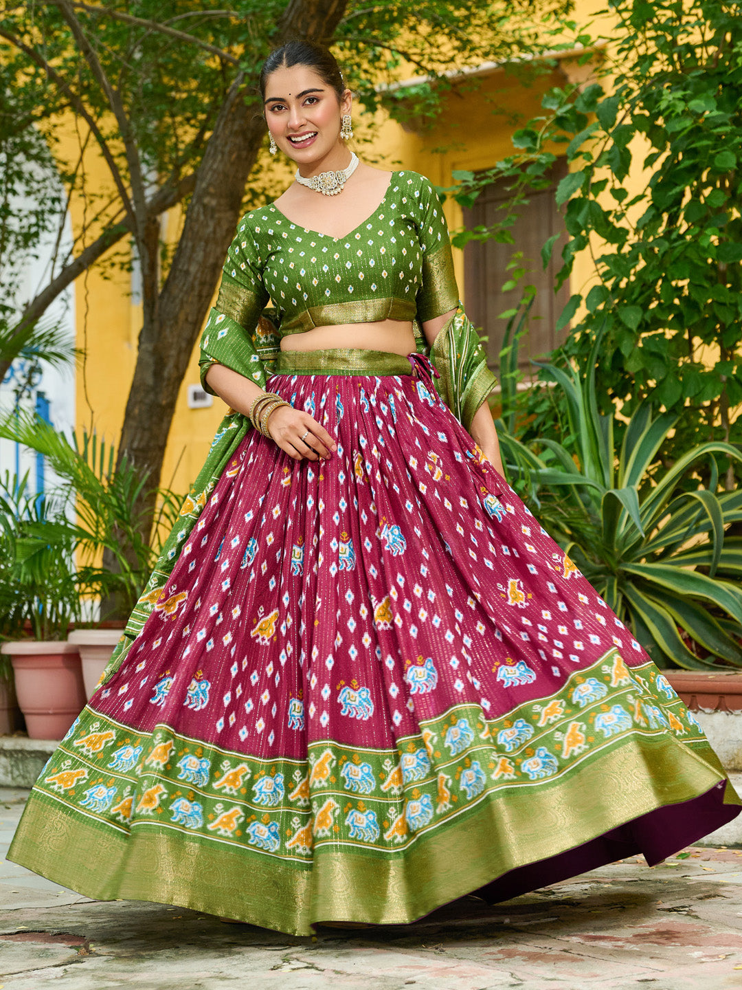 Wine Lichi Silk Jacquard Lehenga Choli with Zari Lining & Traditional Print