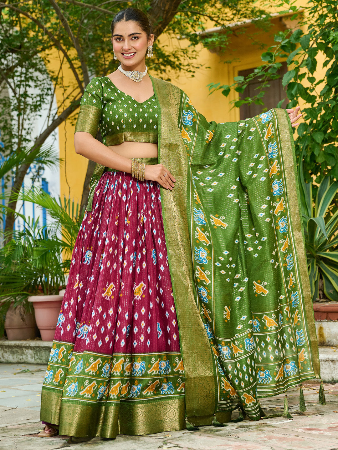 Wine Lichi Silk Jacquard Lehenga Choli with Zari Lining & Traditional Print