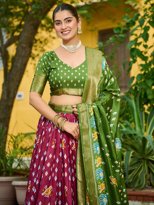 Wine Lichi Silk Jacquard Lehenga Choli with Zari Lining & Traditional Print