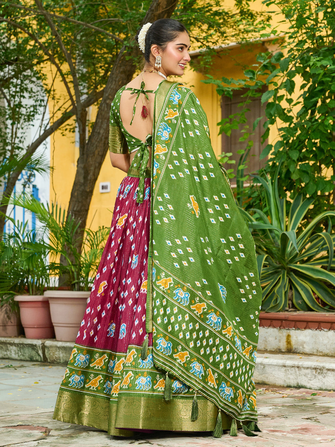Wine Lichi Silk Jacquard Lehenga Choli with Zari Lining & Traditional Print