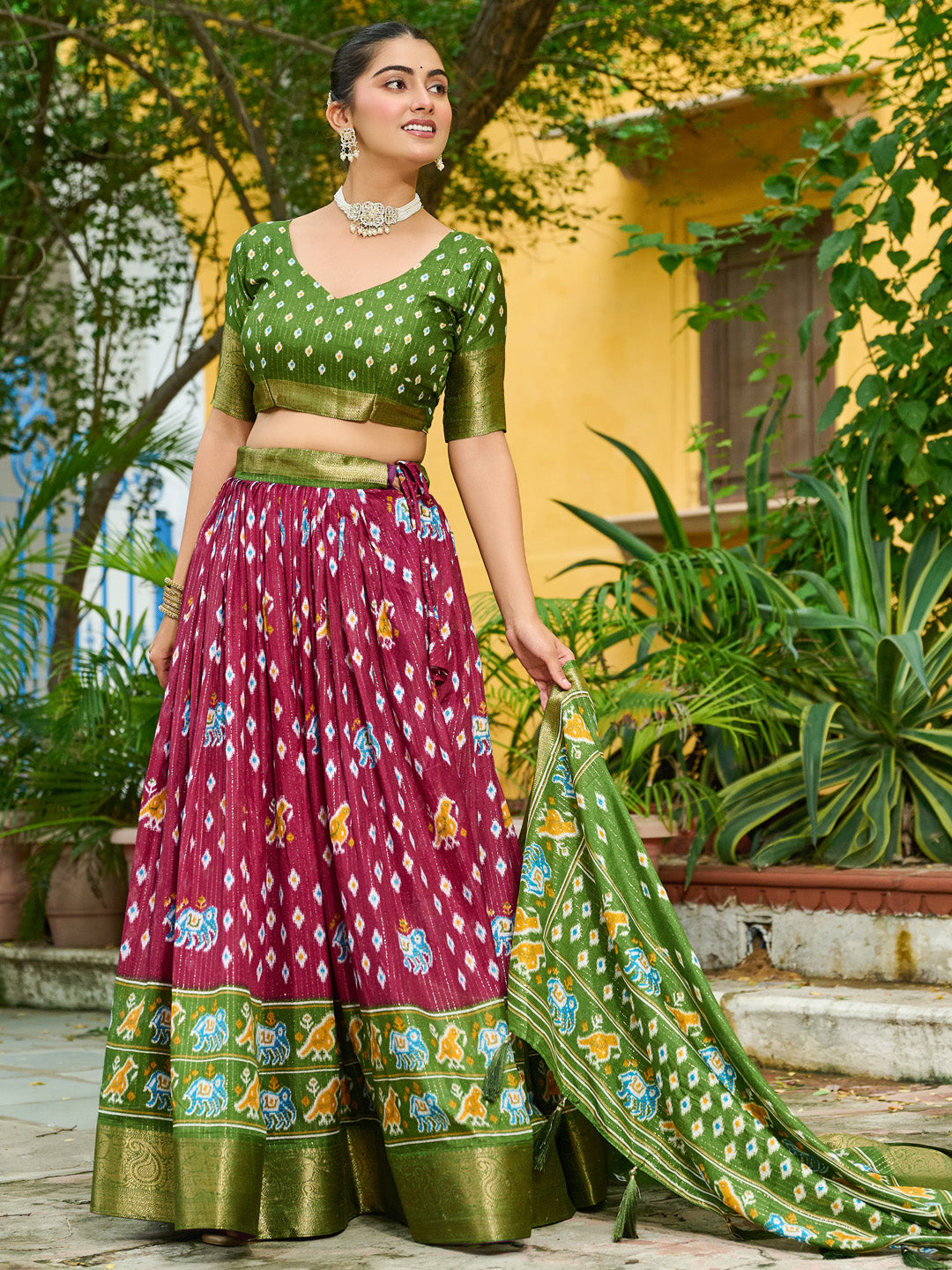 Wine Lichi Silk Jacquard Lehenga Choli with Zari Lining & Traditional Print
