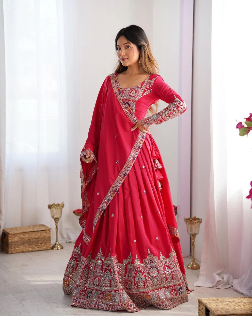 Red Colour Sequins Embroidery Work Lehenga Choli