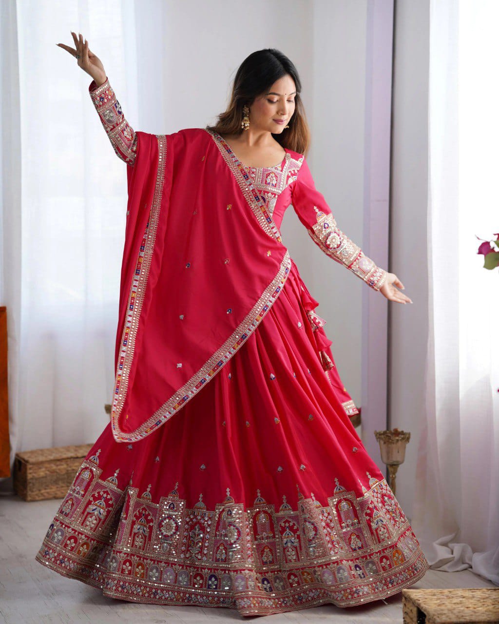 Red Colour Sequins Embroidery Work Lehenga Choli
