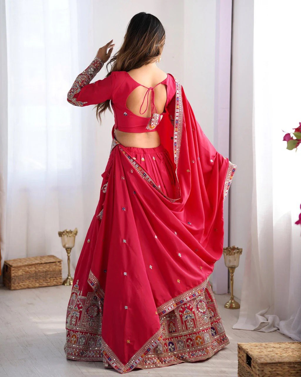 Red Colour Sequins Embroidery Work Lehenga Choli