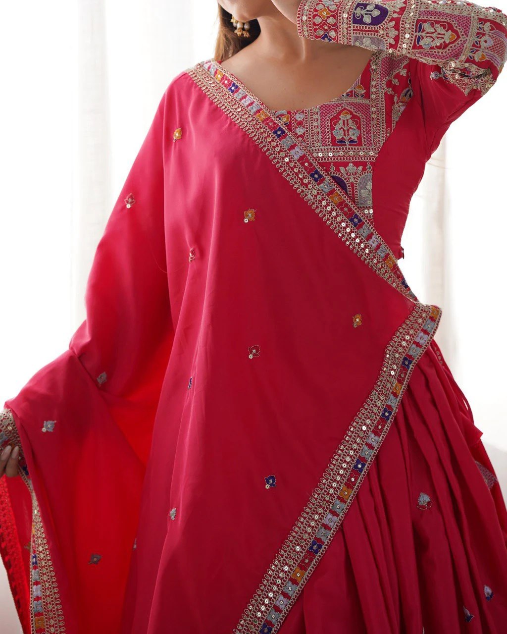 Red Colour Sequins Embroidery Work Lehenga Choli