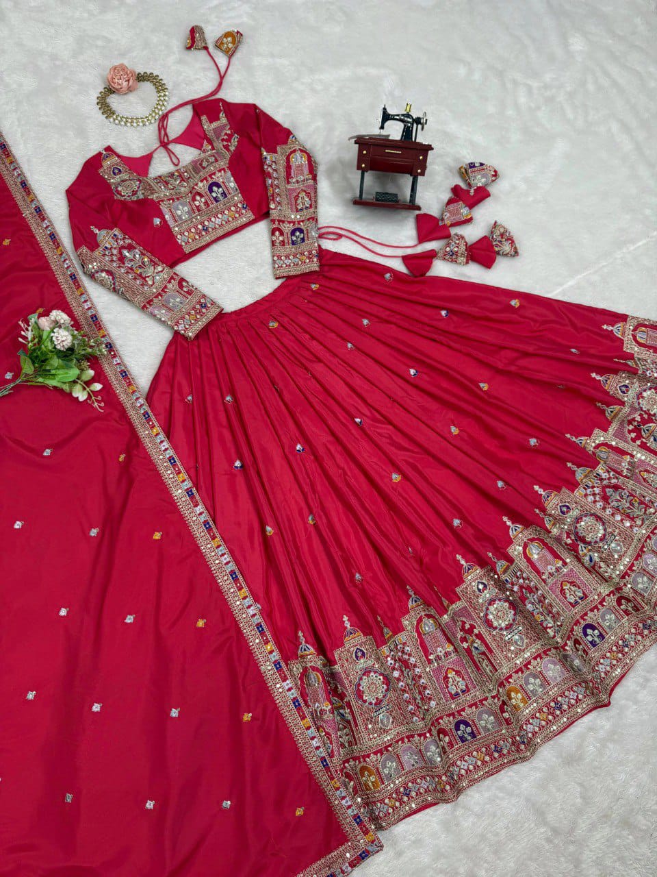 Red Colour Sequins Embroidery Work Lehenga Choli
