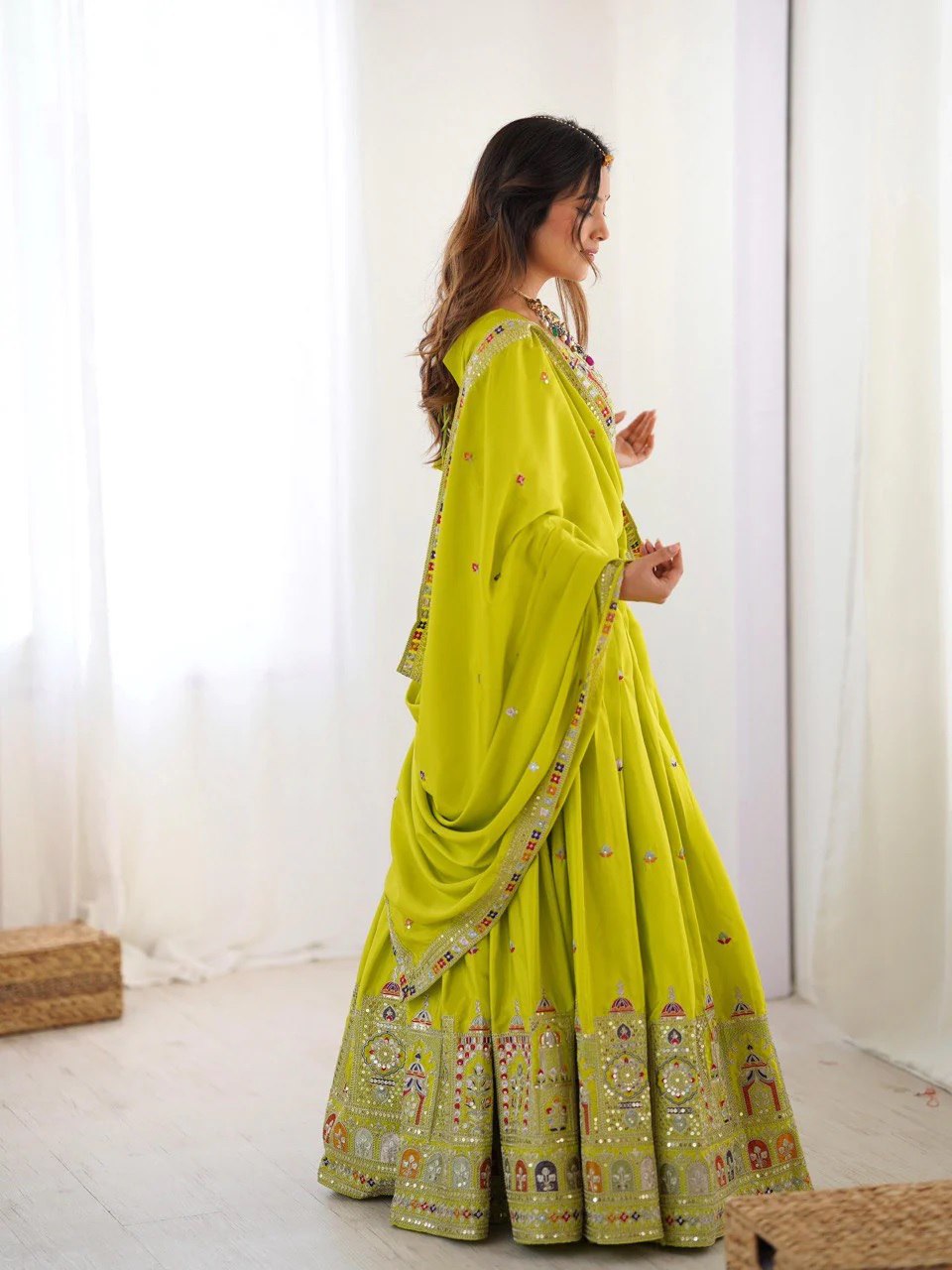 Lime Yellow Sequins Embroidery Work Lehenga Choli