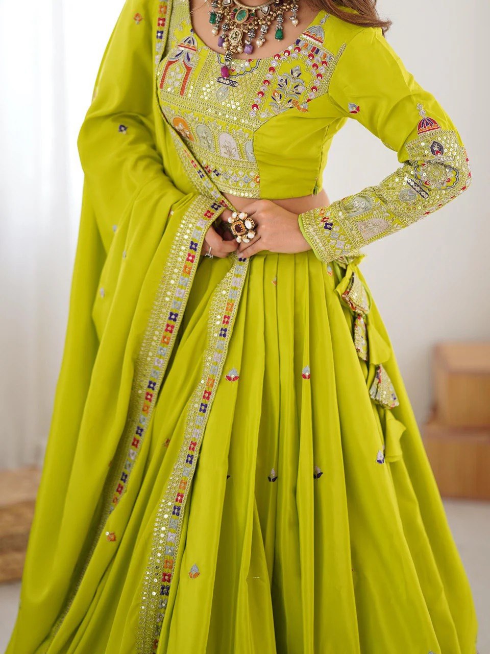 Lime Yellow Sequins Embroidery Work Lehenga Choli