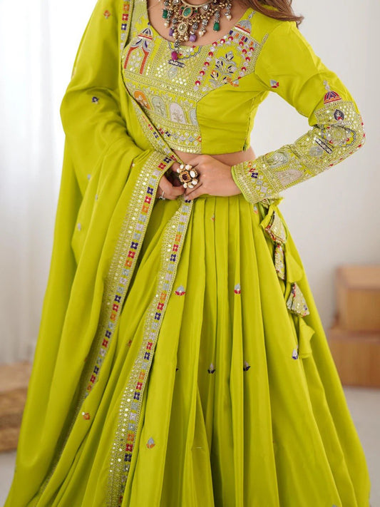 Lime Yellow Sequins Embroidery Work Lehenga Choli