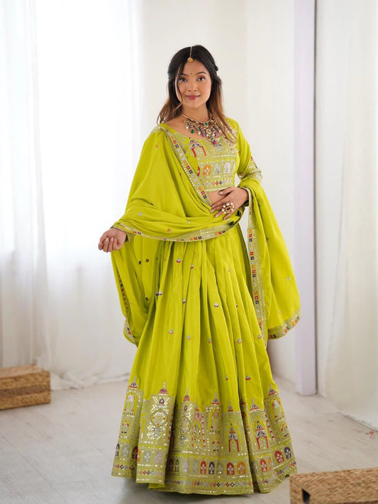 Lime Yellow Sequins Embroidery Work Lehenga Choli