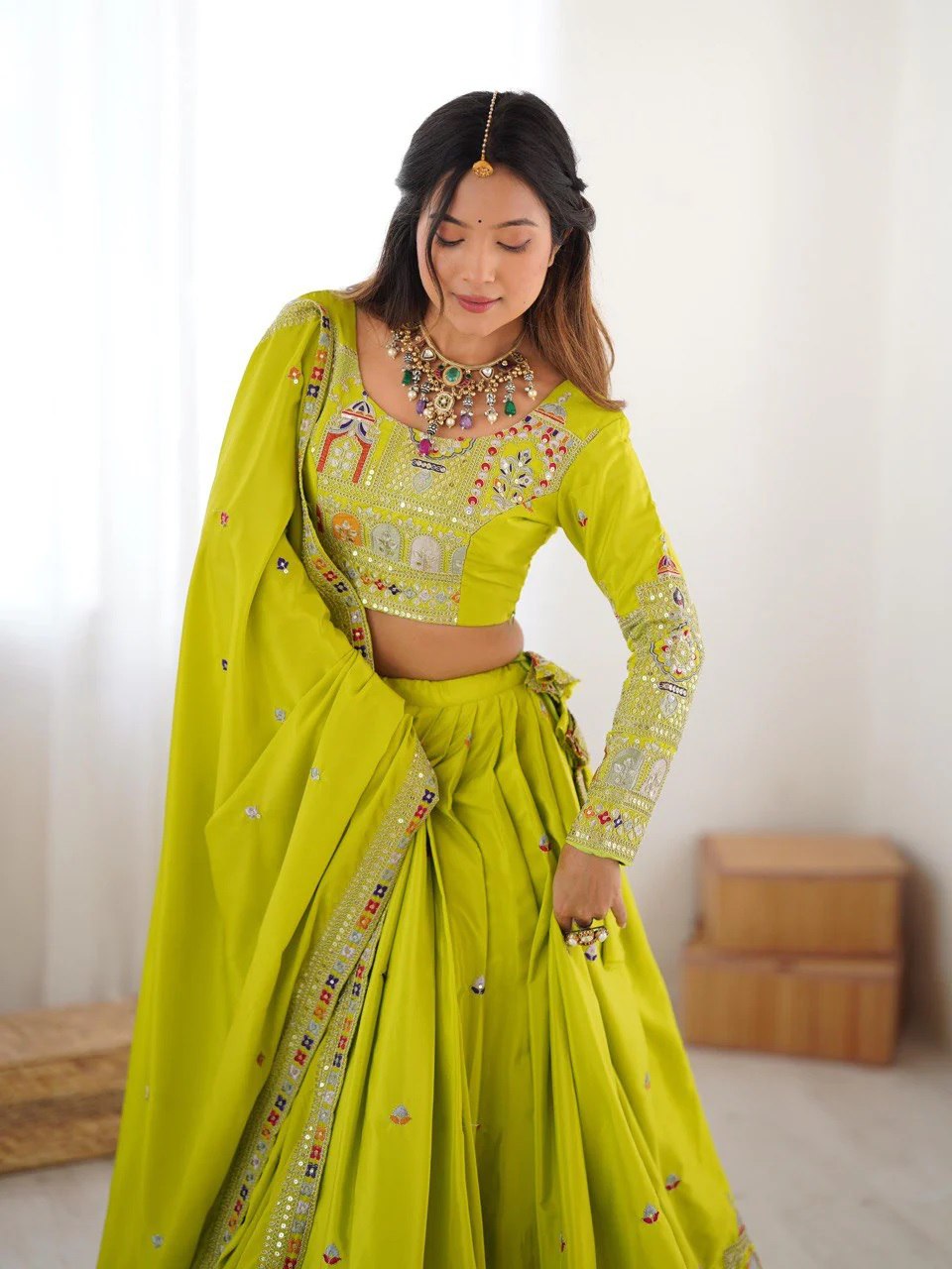 Lime Yellow Sequins Embroidery Work Lehenga Choli