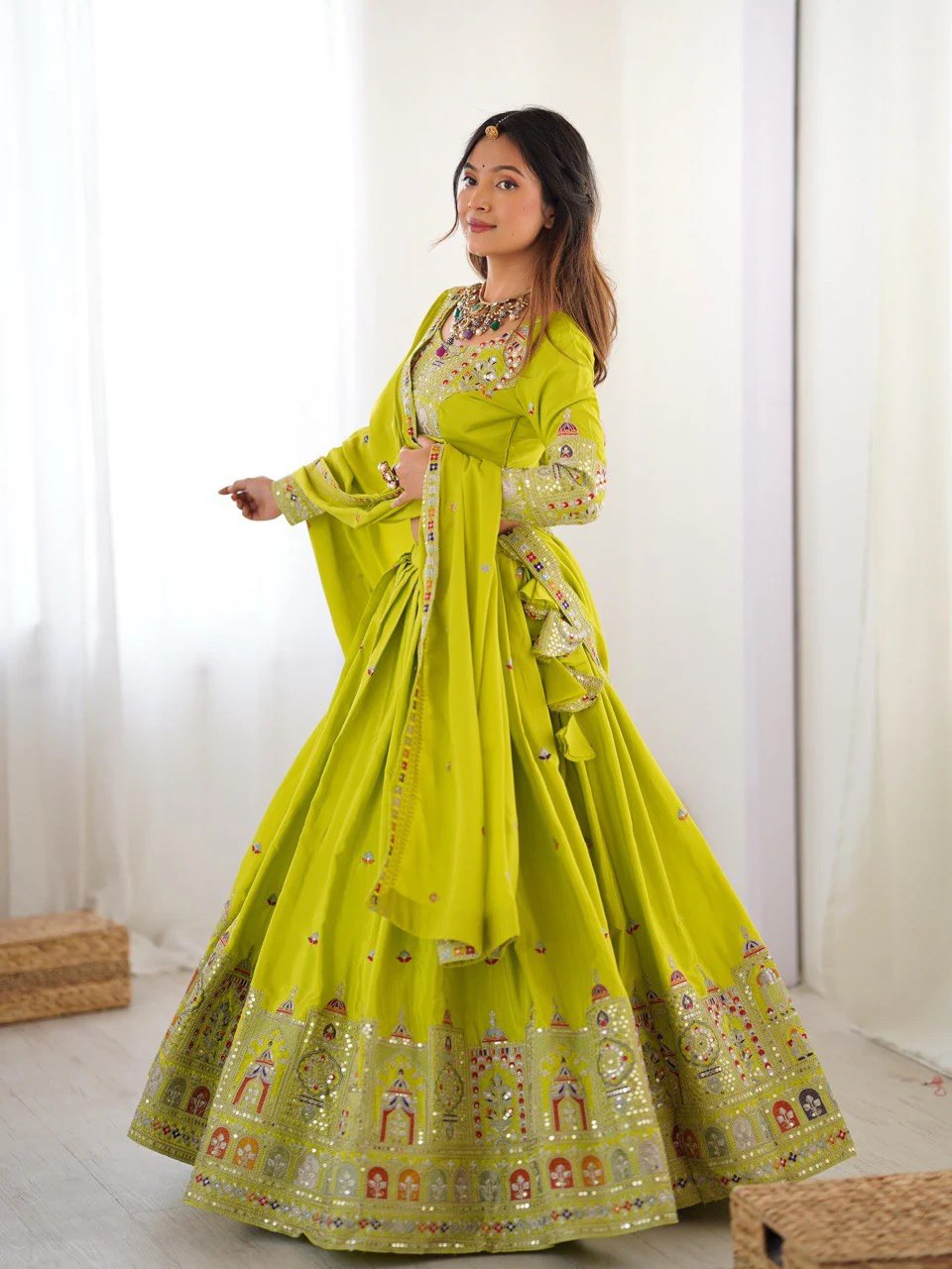 Lime Yellow Sequins Embroidery Work Lehenga Choli